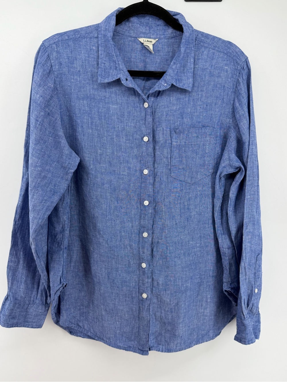 L.L.Bean Womens 100% Linen Button Up Shirt Size Large Petite L P Blue Chambray